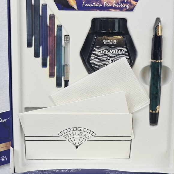 Waterman Phileas FP Set Green Marble GT Ink Fountain Pen NOS W/ Gift Box Boss - Picture 13 of 16